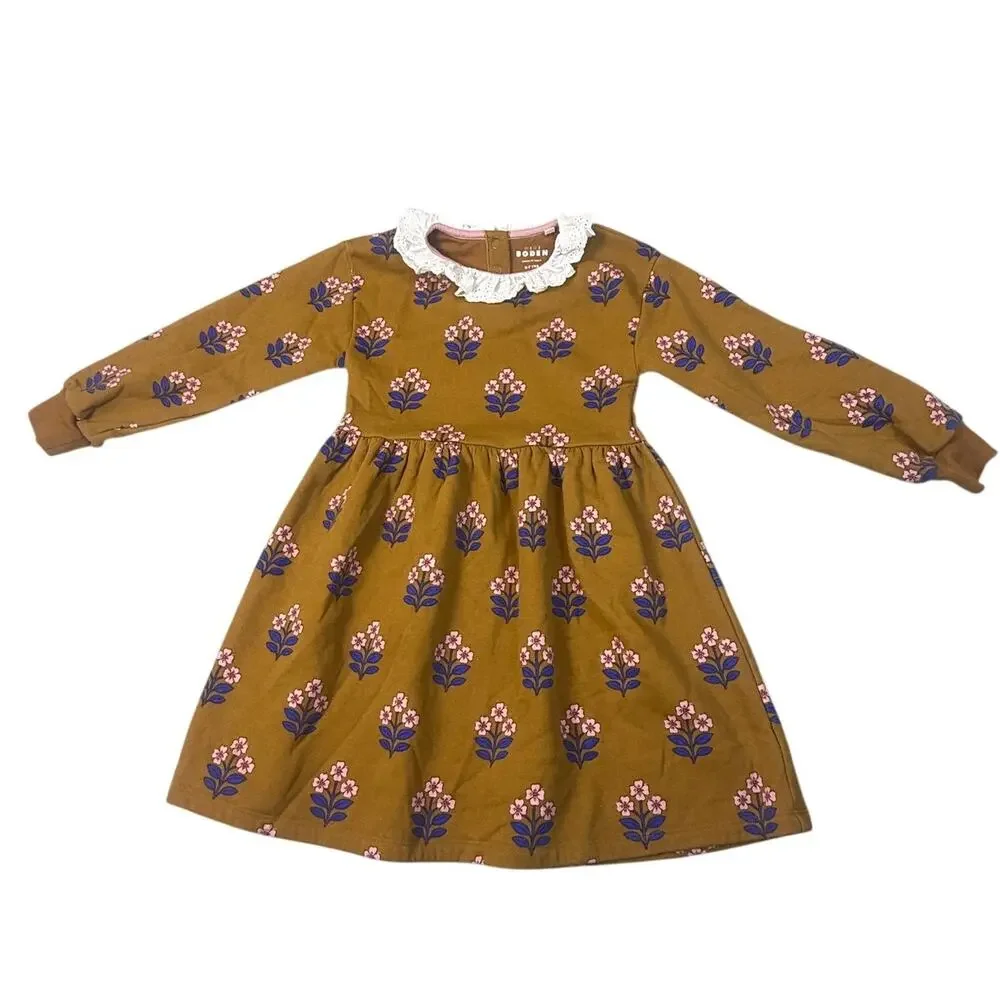 Mini Boden Girls Mustard Yellow Floral Dress Frilled Collar Long Sleeve Size 6-7
